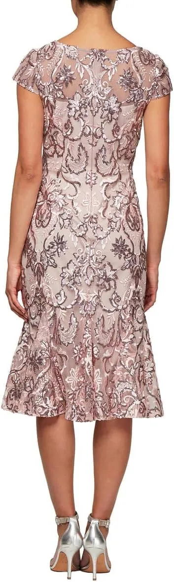 Alex Evenings Women's Tea Length Embroidered Cocktail Godets, Wedding Guest, Party Dress (Petite and Regular Sizes)