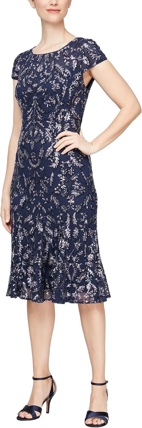Alex Evenings Women's Tea Length Embroidered Cocktail Godets, Wedding Guest, Party Dress (Petite and Regular Sizes)