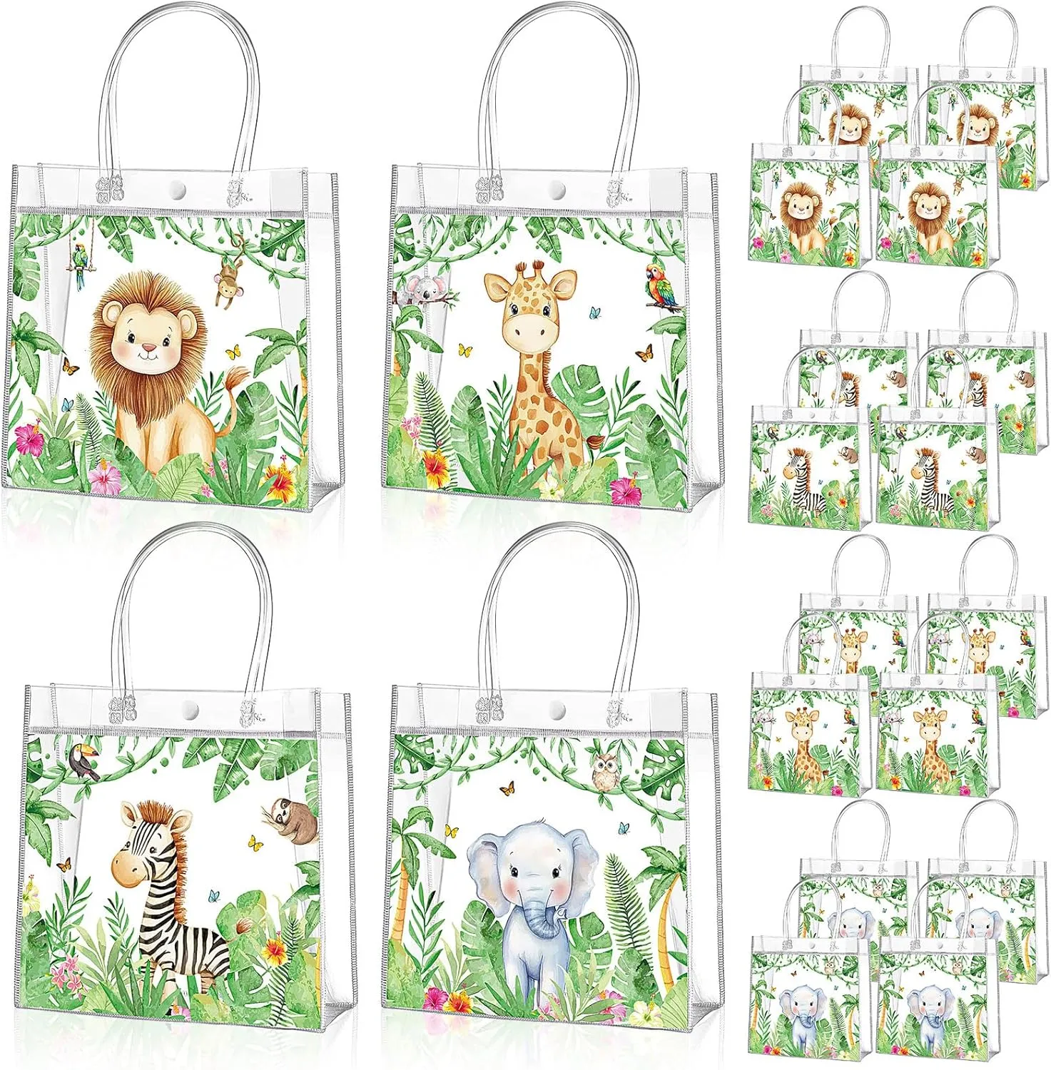 Aliceset 20 Pcs Safari Party Clear Goodie Bags with Handles Jungle Animals Party Candy Bags Wild Animals Themed Favors for Safari Baby Shower Birthday Decoration Supplies, 8x8x3.15 Inch