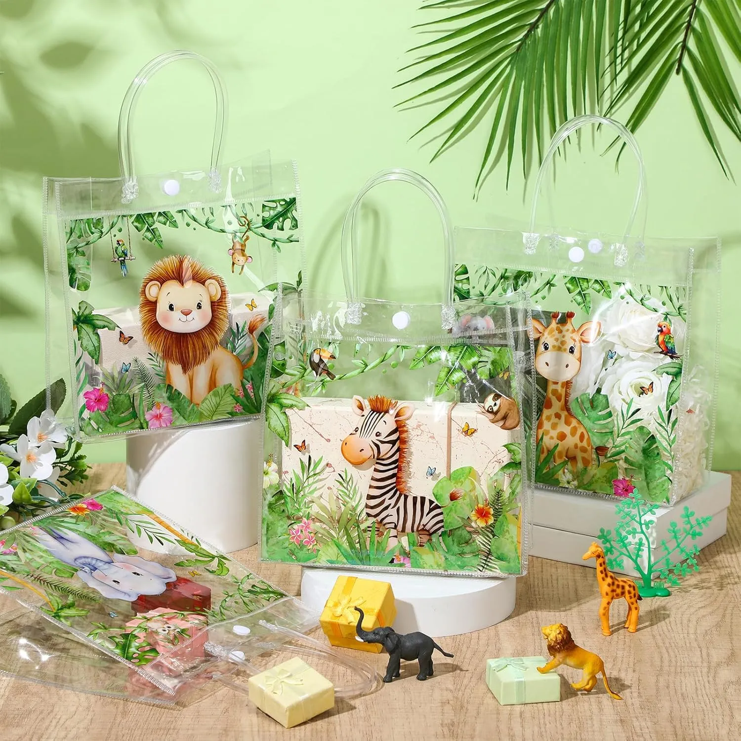 Aliceset 20 Pcs Safari Party Clear Goodie Bags with Handles Jungle Animals Party Candy Bags Wild Animals Themed Favors for Safari Baby Shower Birthday Decoration Supplies, 8x8x3.15 Inch