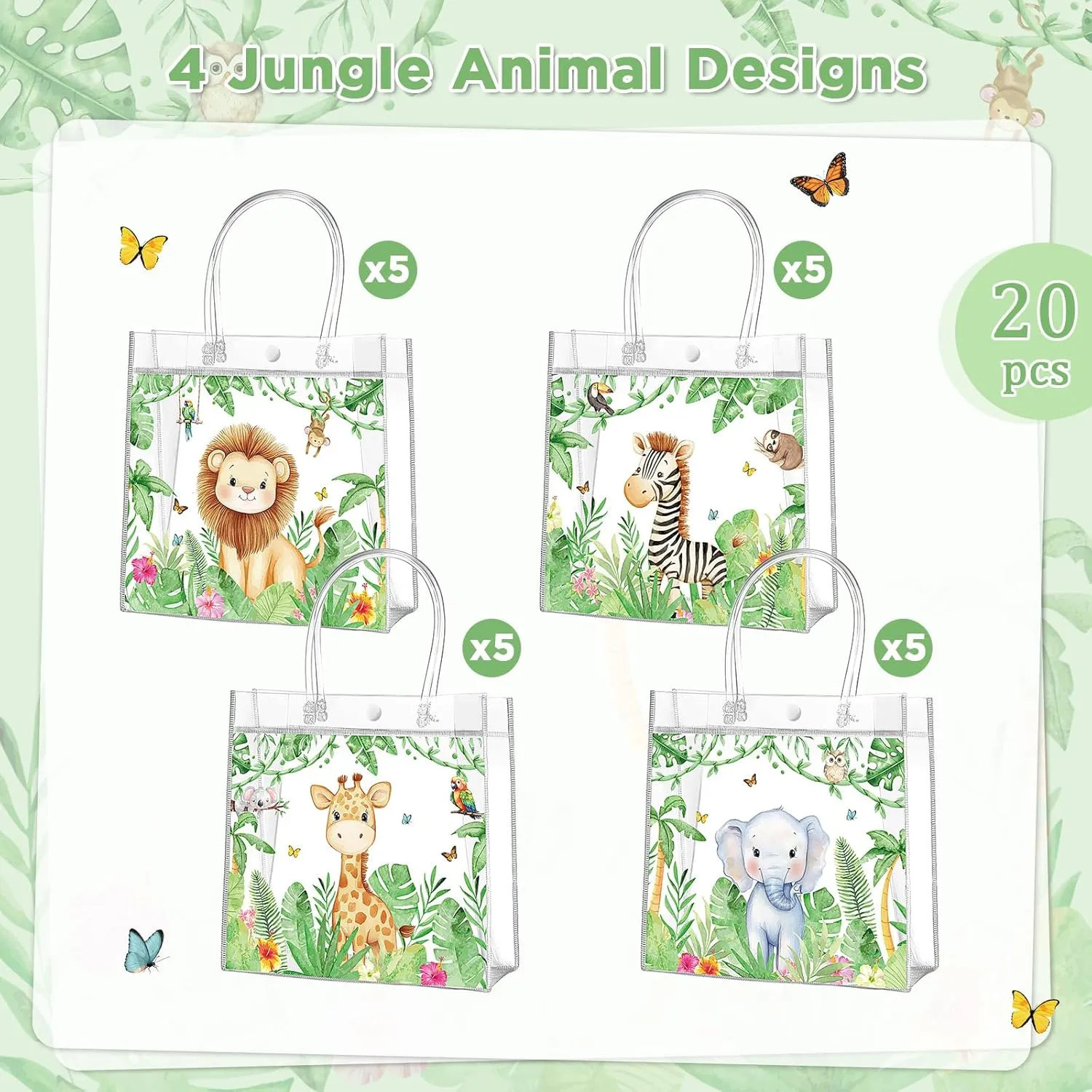 Aliceset 20 Pcs Safari Party Clear Goodie Bags with Handles Jungle Animals Party Candy Bags Wild Animals Themed Favors for Safari Baby Shower Birthday Decoration Supplies, 8x8x3.15 Inch