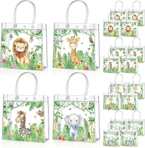 Aliceset 20 Pcs Safari Party Clear Goodie Bags with Handles Jungle Animals Party Candy Bags Wild Animals Themed Favors for Safari Baby Shower Birthday Decoration Supplies, 8x8x3.15 Inch