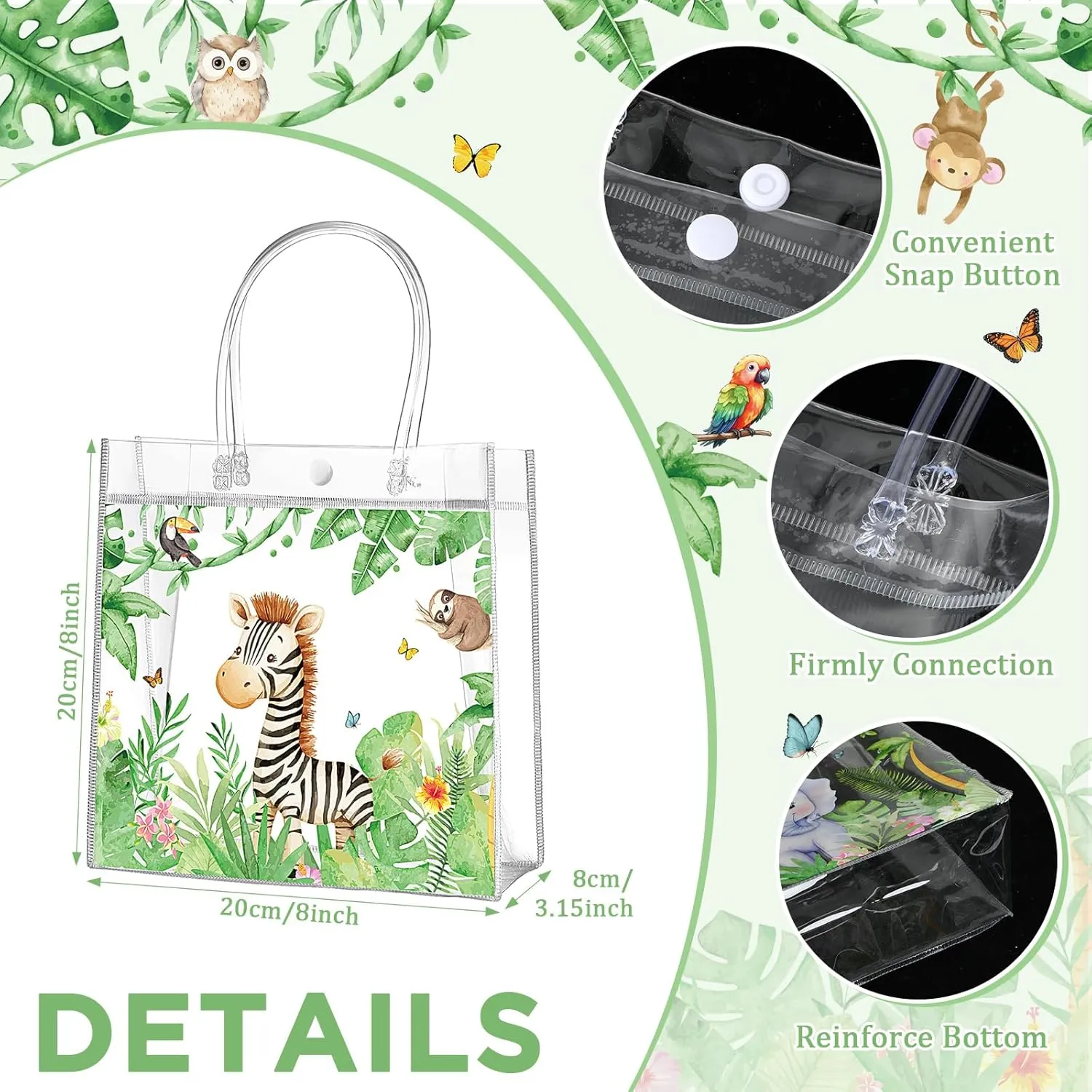 Aliceset 20 Pcs Safari Party Clear Goodie Bags with Handles Jungle Animals Party Candy Bags Wild Animals Themed Favors for Safari Baby Shower Birthday Decoration Supplies, 8x8x3.15 Inch