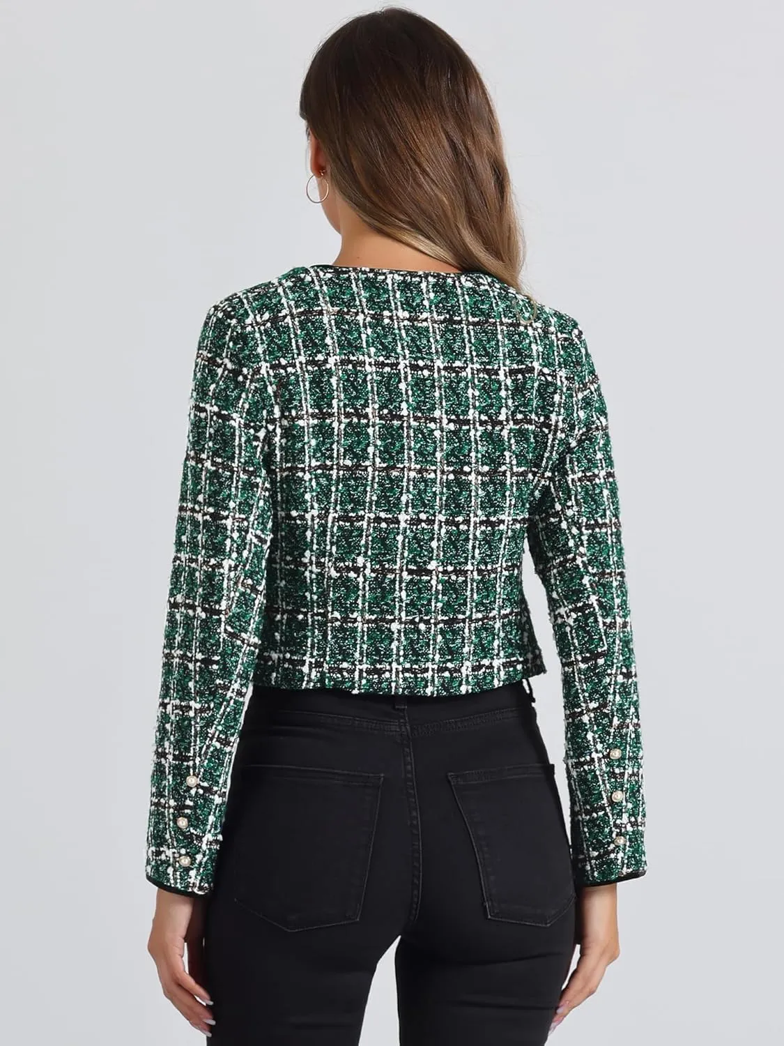 Allegra K Tweed Jacket for Women's Long Sleeve Casual Work Office Plaid Short Outwear
