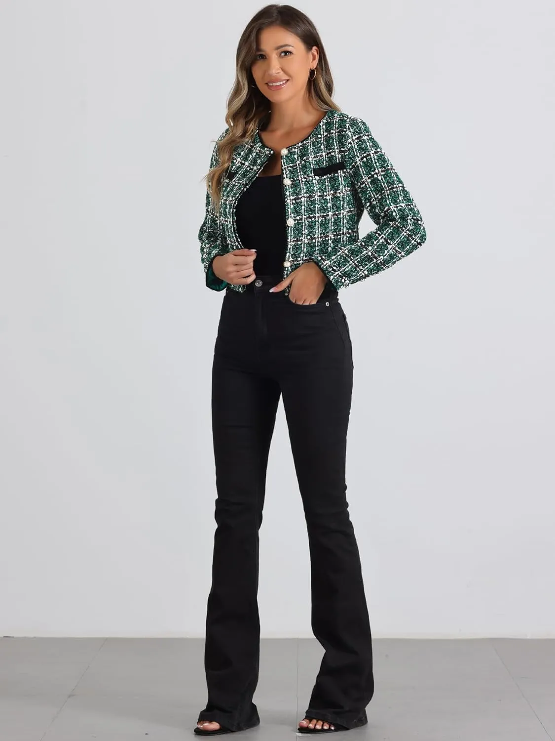 Allegra K Tweed Jacket for Women's Long Sleeve Casual Work Office Plaid Short Outwear