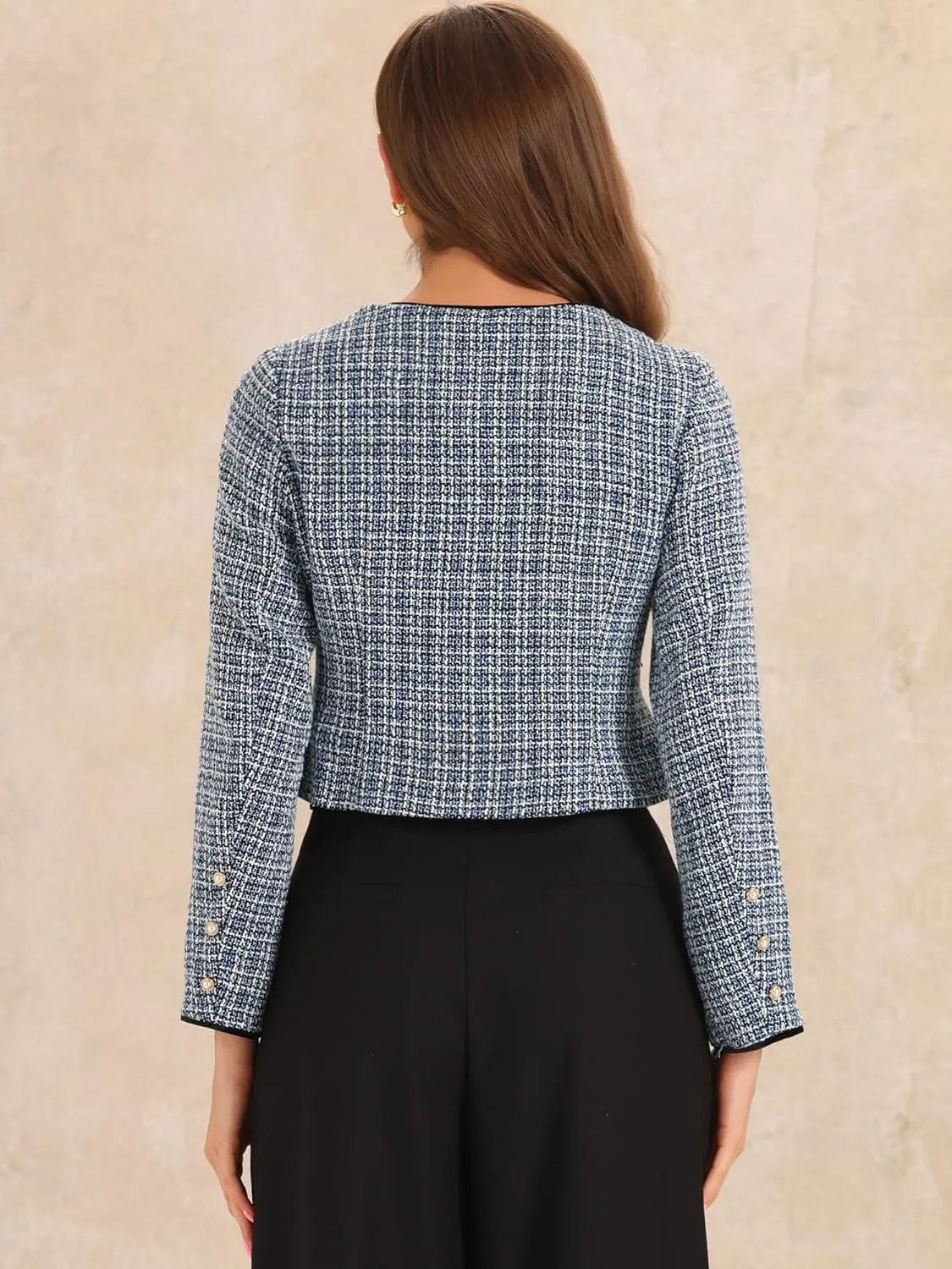 Allegra K Tweed Jacket for Women's Long Sleeve Casual Work Office Plaid Short Outwear