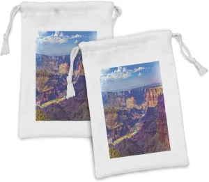 Ambesonne Canyon Fabric Pouch Set of 2, Aerial View of Epic Grand Canyon Activity of River Stream over Rock Plateau Print, Small Drawstring Bag for Toiletries Masks and Favors, 9" x 6", Blue Tan