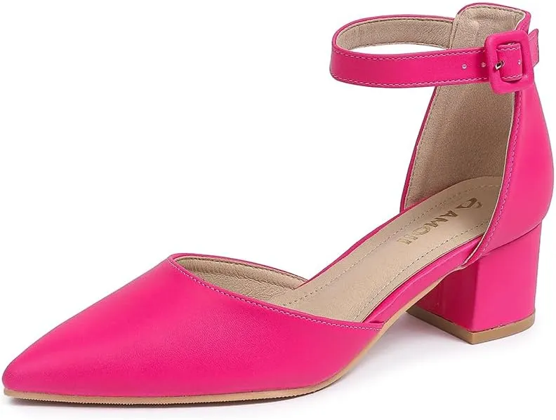 Amoji Women's 2 inch Pointed Toe Low Chunky Heels Dress Pumps Heeled Shoes with Ankle Strap 412