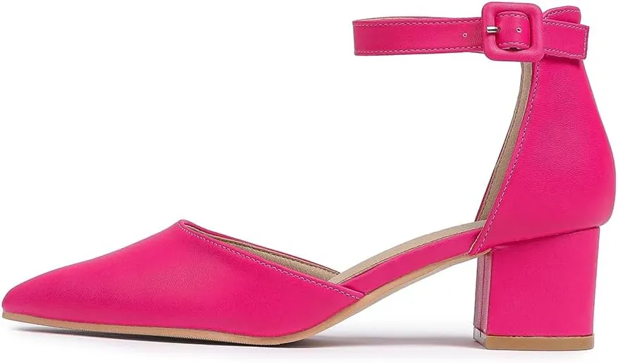 Amoji Women's 2 inch Pointed Toe Low Chunky Heels Dress Pumps Heeled Shoes with Ankle Strap 412
