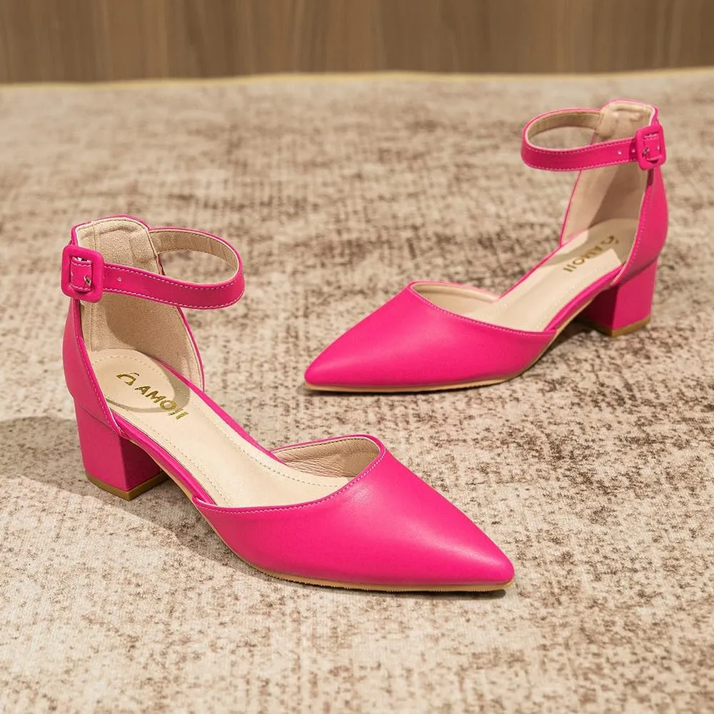 Amoji Women's 2 inch Pointed Toe Low Chunky Heels Dress Pumps Heeled Shoes with Ankle Strap 412