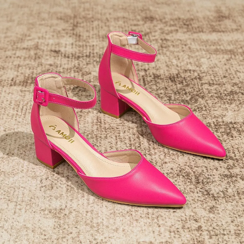 Amoji Women's 2 inch Pointed Toe Low Chunky Heels Dress Pumps Heeled Shoes with Ankle Strap 412