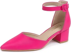 Amoji Women's 2 inch Pointed Toe Low Chunky Heels Dress Pumps Heeled Shoes with Ankle Strap 412