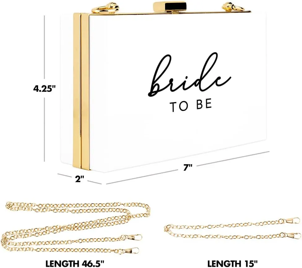 Andaz Press Acrylic Clutch Purse for Bride, Bride to Be, White Clutch Box Shoulder Handbag with Gold Removable Metal Chain for Wedding Day Bachelorette Party, Bridal Shower, Engagement Gift, 1-Pack