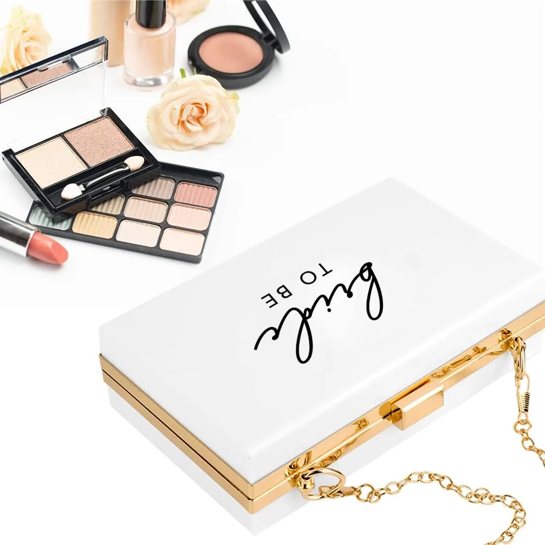 Andaz Press Acrylic Clutch Purse for Bride, Bride to Be, White Clutch Box Shoulder Handbag with Gold Removable Metal Chain for Wedding Day Bachelorette Party, Bridal Shower, Engagement Gift, 1-Pack