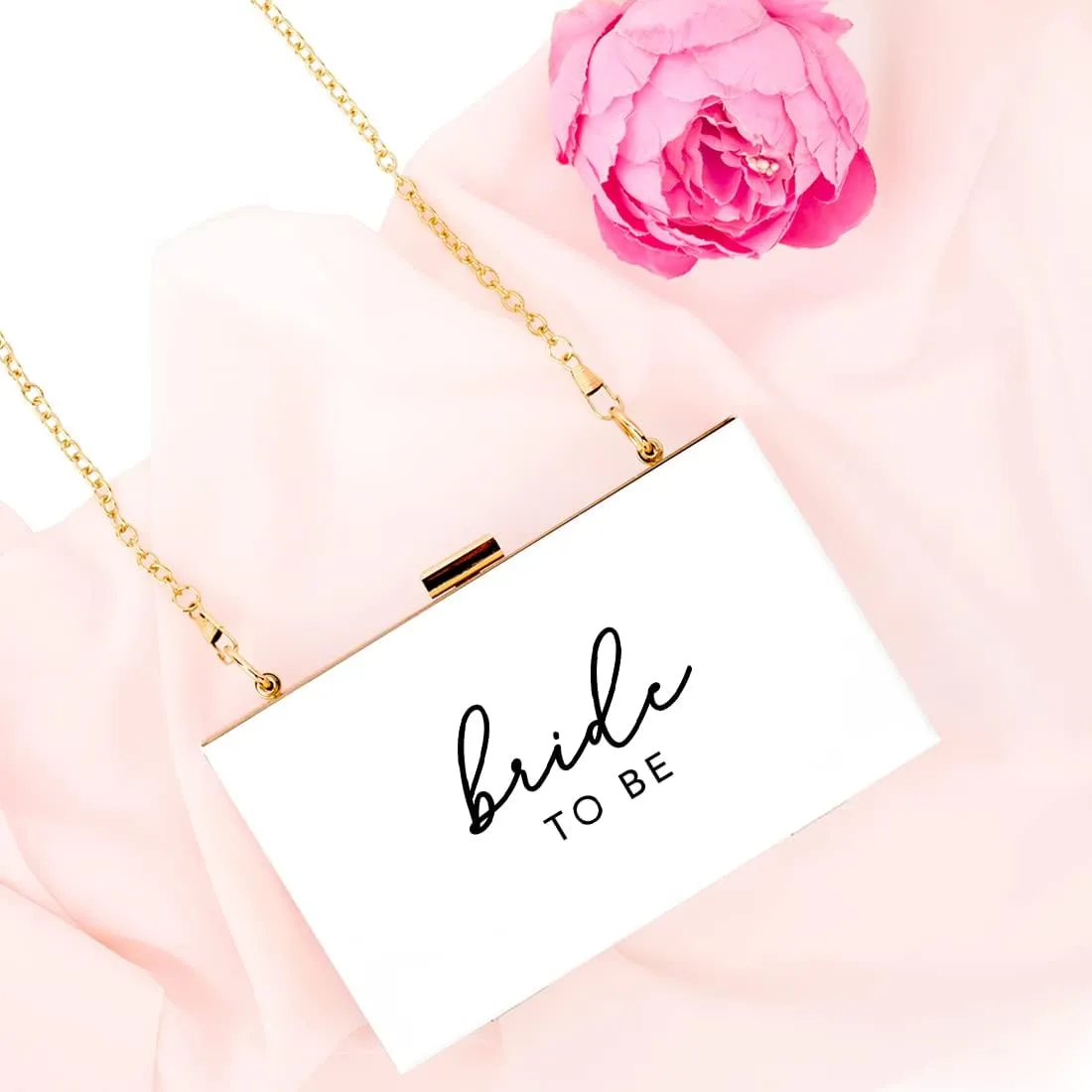 Andaz Press Acrylic Clutch Purse for Bride, Bride to Be, White Clutch Box Shoulder Handbag with Gold Removable Metal Chain for Wedding Day Bachelorette Party, Bridal Shower, Engagement Gift, 1-Pack