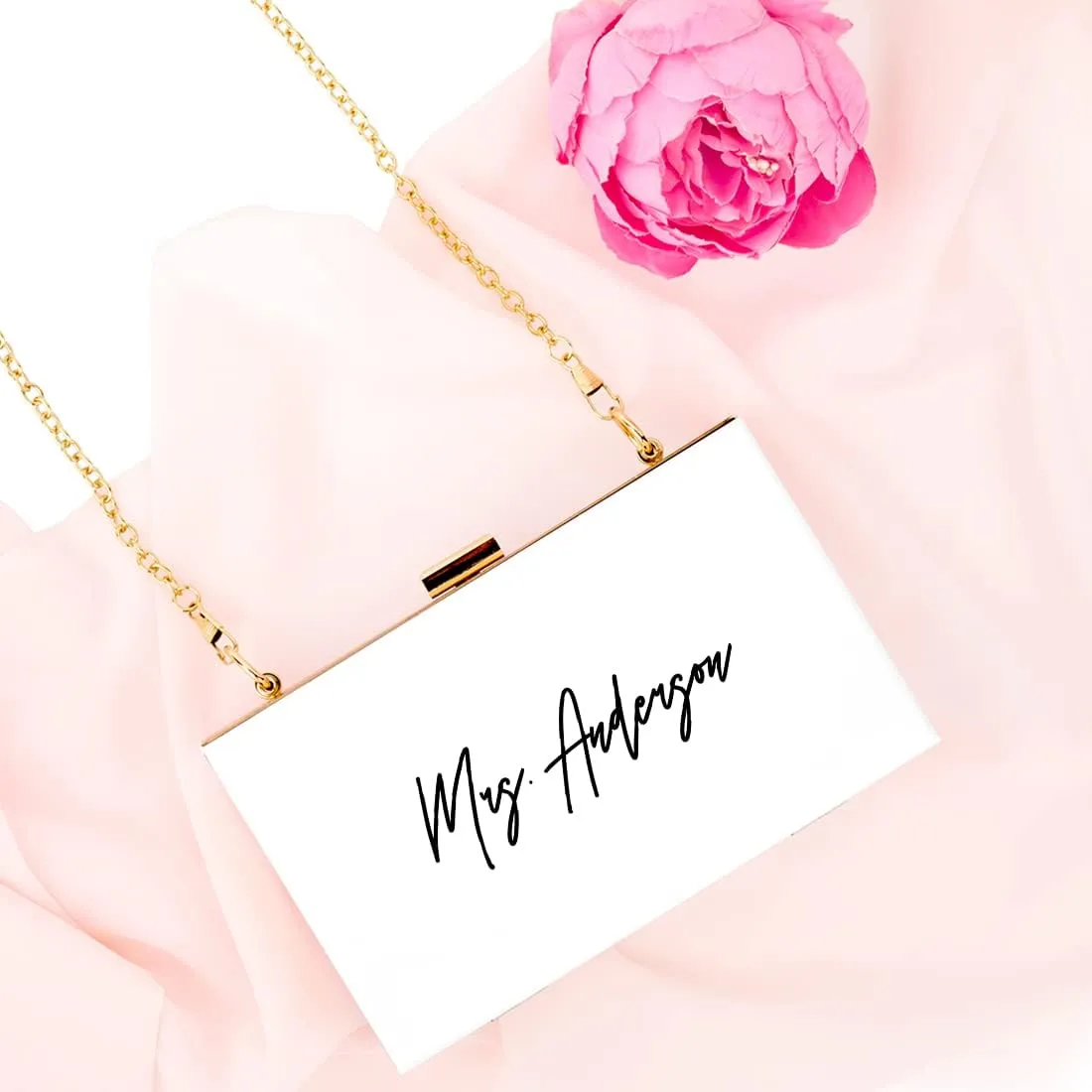 Andaz Press Personalized Acrylic Clutch Purse for Bride, Minimal Custom Mrs. White Clutch Box Shoulder Handbag with Gold Removable Metal Chain for Wedding Day Bachelorette Bridal Shower, 1-Pack