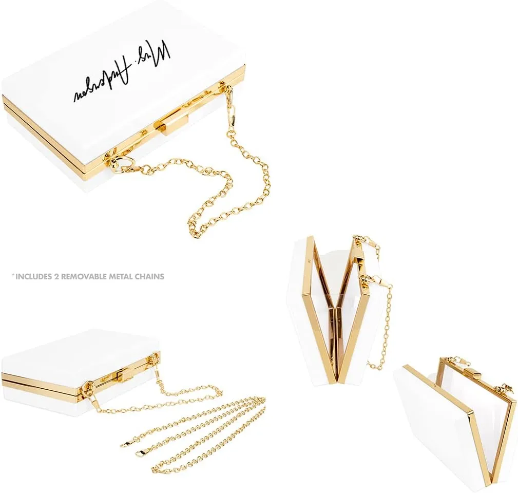 Andaz Press Personalized Acrylic Clutch Purse for Bride, Minimal Custom Mrs. White Clutch Box Shoulder Handbag with Gold Removable Metal Chain for Wedding Day Bachelorette Bridal Shower, 1-Pack