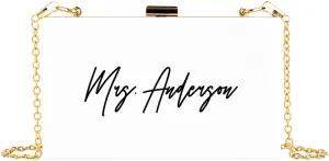Andaz Press Personalized Acrylic Clutch Purse for Bride, Minimal Custom Mrs. White Clutch Box Shoulder Handbag with Gold Removable Metal Chain for Wedding Day Bachelorette Bridal Shower, 1-Pack