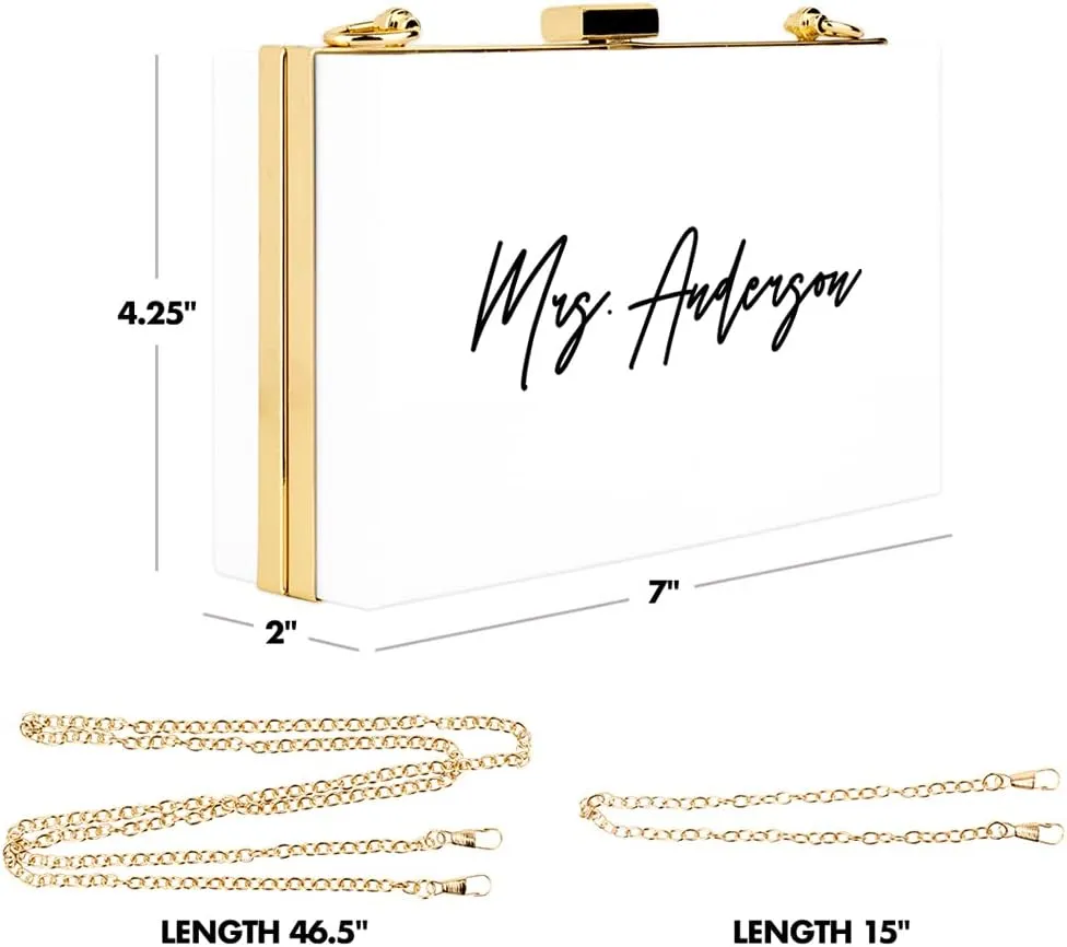 Andaz Press Personalized Acrylic Clutch Purse for Bride, Minimal Custom Mrs. White Clutch Box Shoulder Handbag with Gold Removable Metal Chain for Wedding Day Bachelorette Bridal Shower, 1-Pack