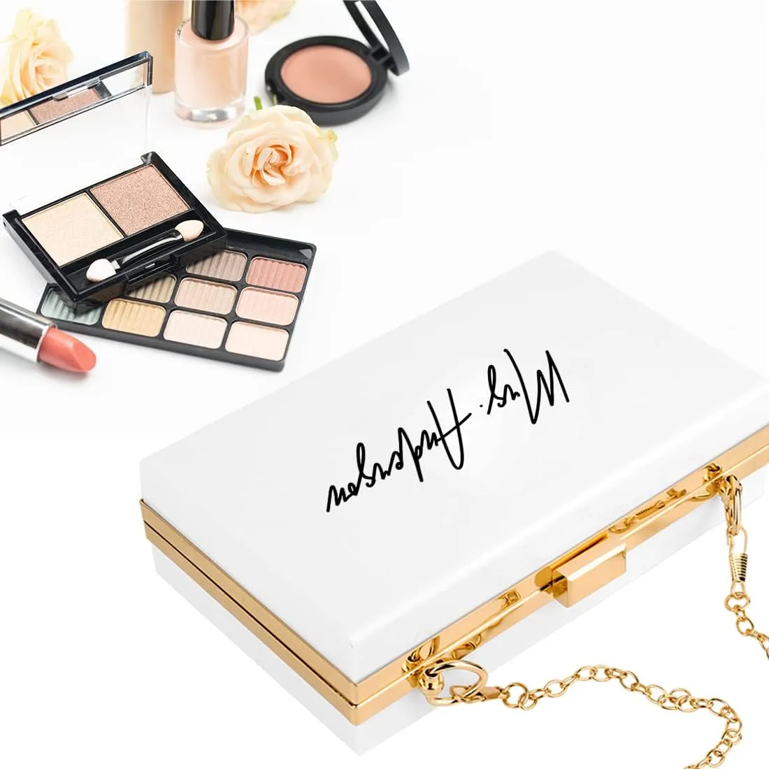 Andaz Press Personalized Acrylic Clutch Purse for Bride, Minimal Custom Mrs. White Clutch Box Shoulder Handbag with Gold Removable Metal Chain for Wedding Day Bachelorette Bridal Shower, 1-Pack