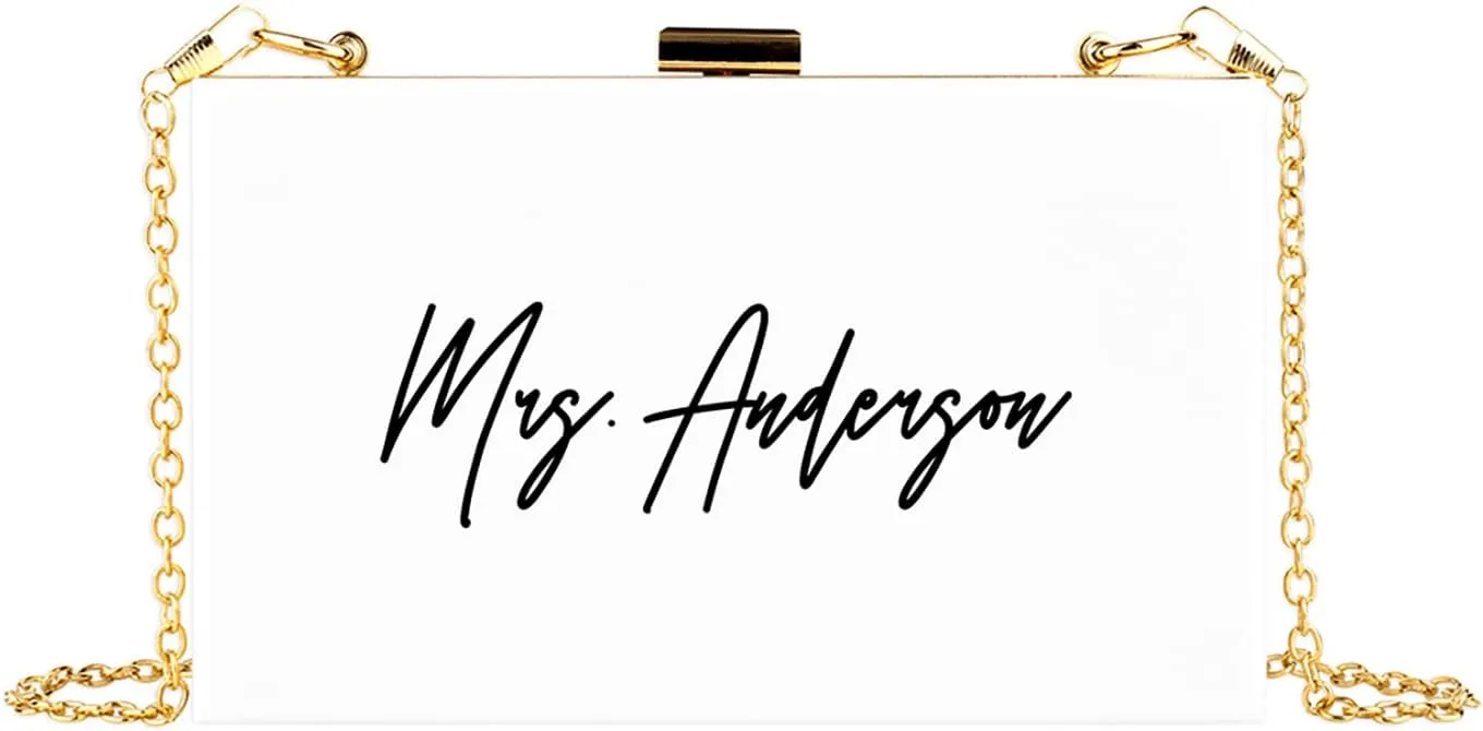 Andaz Press Personalized Acrylic Clutch Purse for Bride, Minimal Custom Mrs. White Clutch Box Shoulder Handbag with Gold Removable Metal Chain for Wedding Day Bachelorette Bridal Shower, 1-Pack