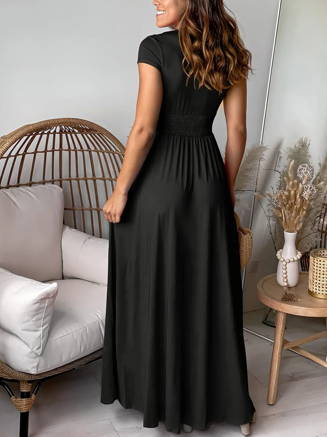 ANRABESS Women Summer Deep V Neck Short Sleeve Dresses Slit Elegant Wedding Guest Formal Cocktail Evening Maxi Long Dress