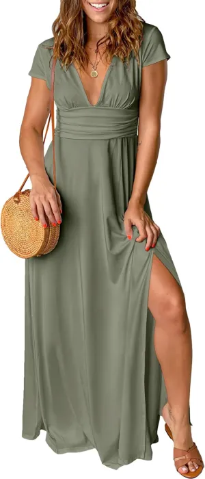 ANRABESS Women Summer Deep V Neck Short Sleeve Dresses Slit Elegant Wedding Guest Formal Cocktail Evening Maxi Long Dress
