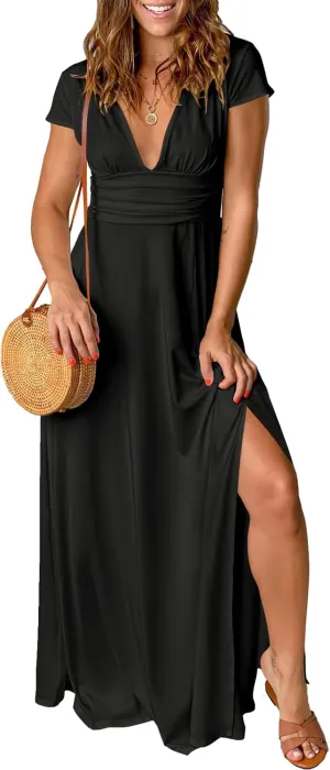 ANRABESS Women Summer Deep V Neck Short Sleeve Dresses Slit Elegant Wedding Guest Formal Cocktail Evening Maxi Long Dress