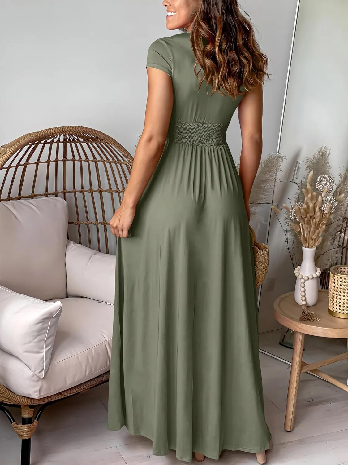 ANRABESS Women Summer Deep V Neck Short Sleeve Dresses Slit Elegant Wedding Guest Formal Cocktail Evening Maxi Long Dress