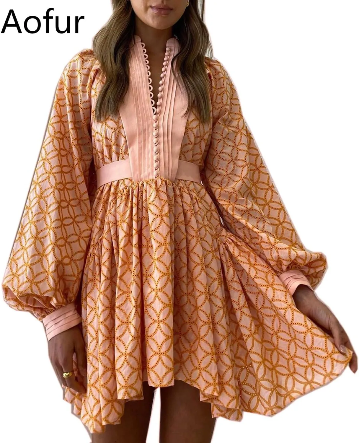 Aofur Summer Cotton V Neck Long Losse Sleeve Casual Party A-Line Dresses Embroidery Short Dress