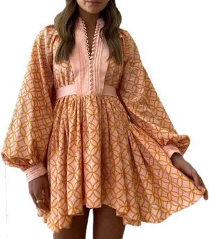 Aofur Summer Cotton V Neck Long Losse Sleeve Casual Party A-Line Dresses Embroidery Short Dress