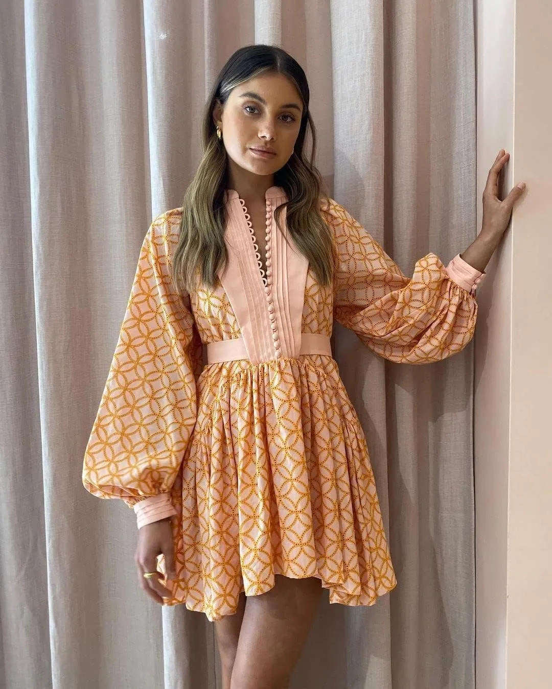 Aofur Summer Cotton V Neck Long Losse Sleeve Casual Party A-Line Dresses Embroidery Short Dress