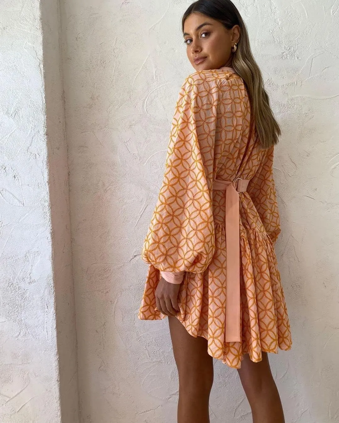 Aofur Summer Cotton V Neck Long Losse Sleeve Casual Party A-Line Dresses Embroidery Short Dress