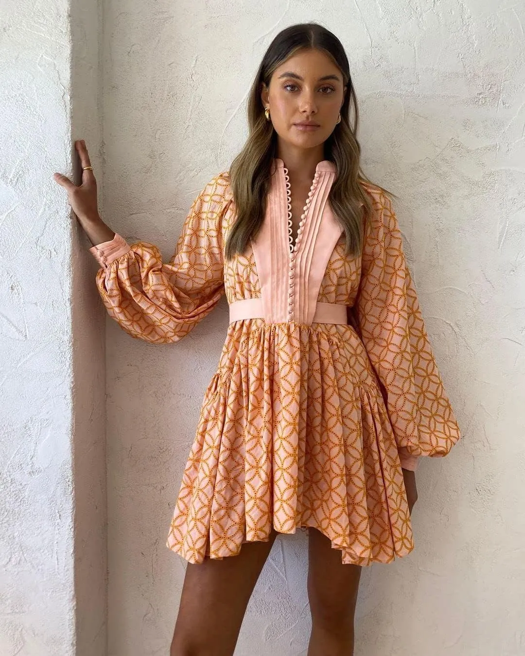Aofur Summer Cotton V Neck Long Losse Sleeve Casual Party A-Line Dresses Embroidery Short Dress