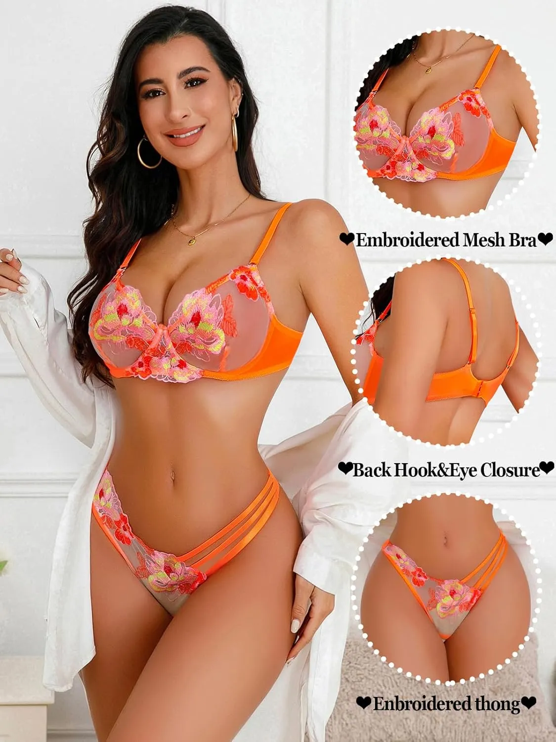 Aranmei Sexy Lace Bra for Women Floral Embroidered Mesh Underwire Strappy Push Up Lingerie Sets