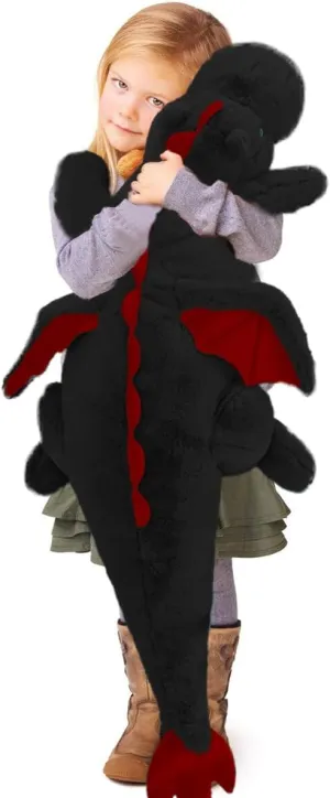 ARELUX Large 52in 3Lb Dragon Stuffed Animals Cute Plush Toy Giant Fuzzy Dinosaur Pillow Plushies with Wings Cuddly Soft Black Pterosaur Plushie for Friends Family Member