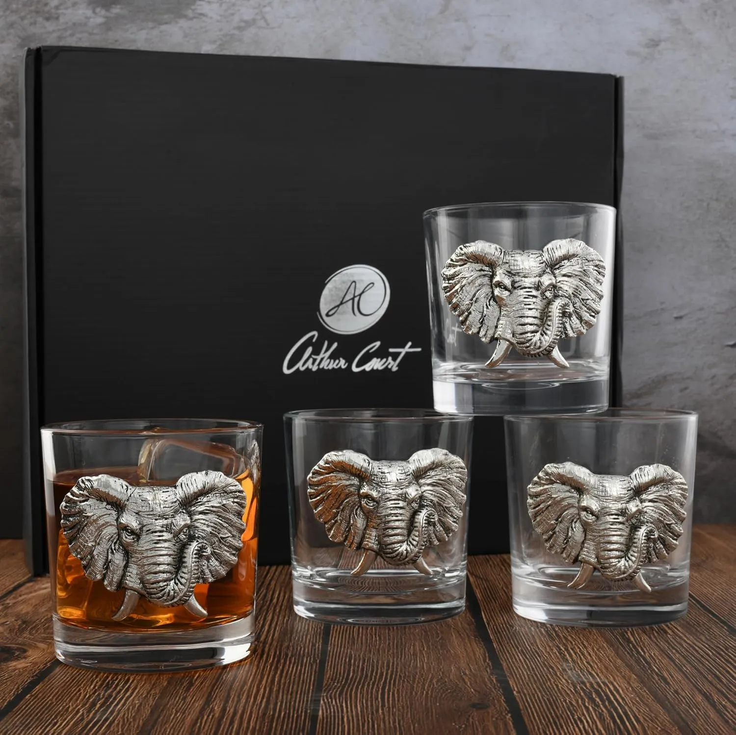 Arthur Court Elephant Double Old Fashioned Whiskey Glasses (Set of 4) - Bourbon Cocktail Scotch Tumbler Bar Glasses Set DOF Lead-Free Glassware