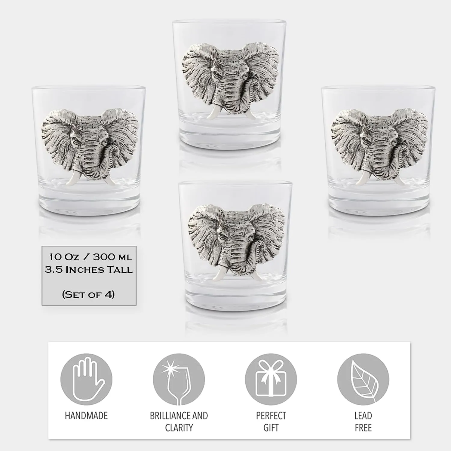 Arthur Court Elephant Double Old Fashioned Whiskey Glasses (Set of 4) - Bourbon Cocktail Scotch Tumbler Bar Glasses Set DOF Lead-Free Glassware