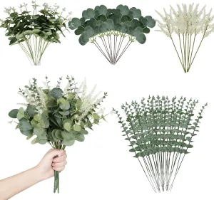 Artificial Eucalyptus Leaves Stems 120 Pcs 4 Kinds Mixed Fake Silver Dollar Eucalyptus Leaves Stem Bulk Faux Leaf for DIY Bouquets Floral Arrangement Wedding Home Decor