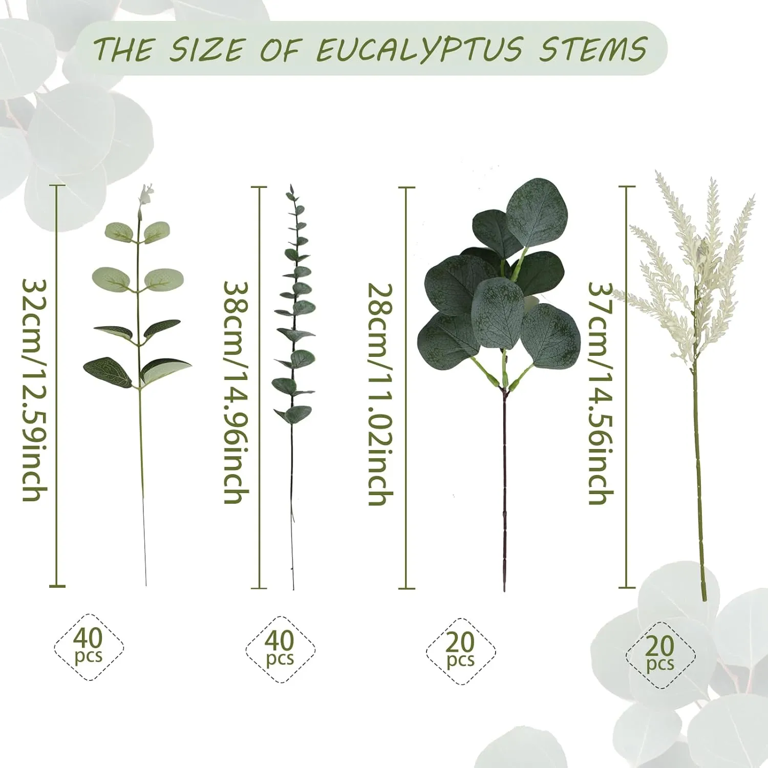 Artificial Eucalyptus Leaves Stems 120 Pcs 4 Kinds Mixed Fake Silver Dollar Eucalyptus Leaves Stem Bulk Faux Leaf for DIY Bouquets Floral Arrangement Wedding Home Decor