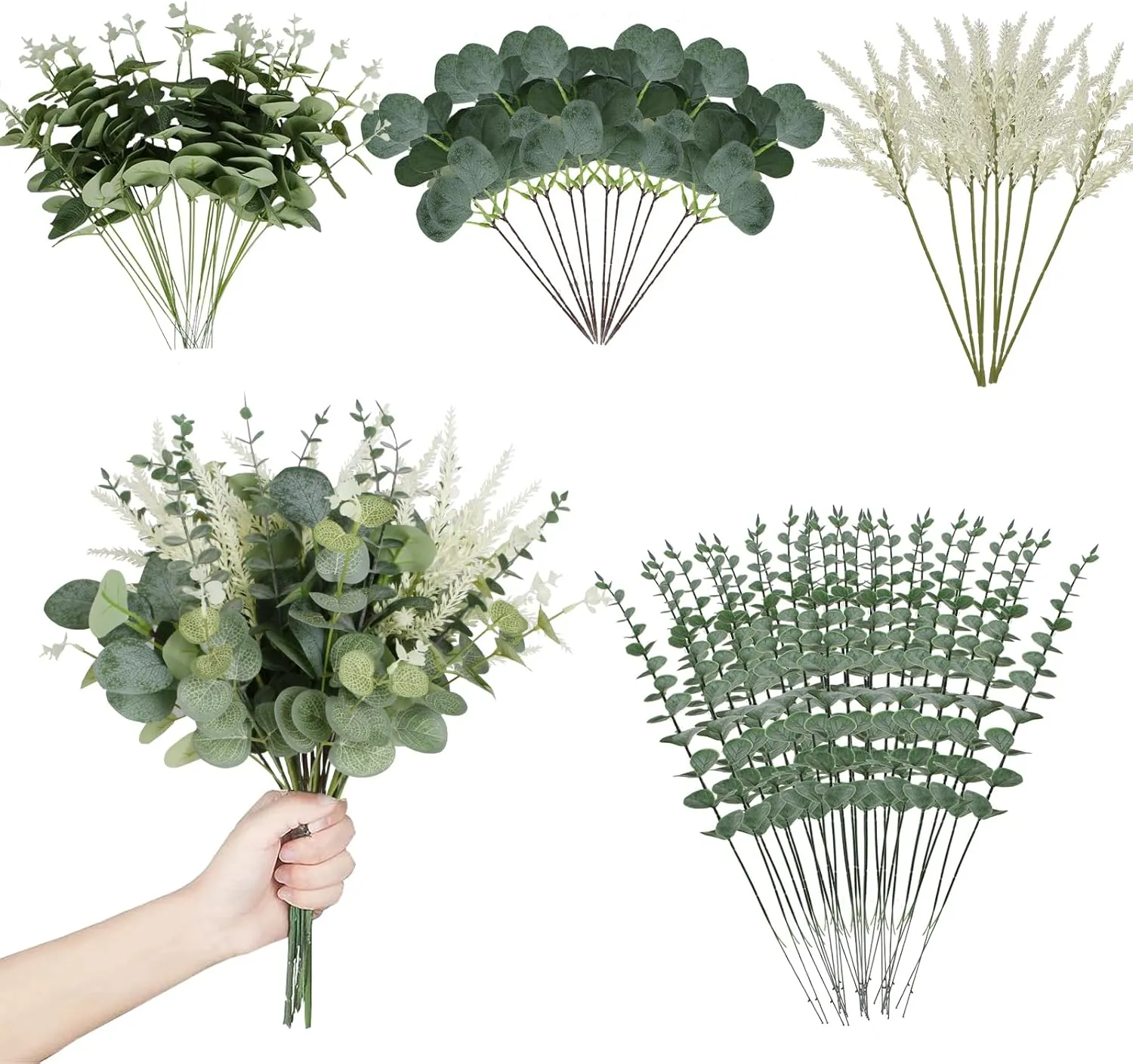 Artificial Eucalyptus Leaves Stems 120 Pcs 4 Kinds Mixed Fake Silver Dollar Eucalyptus Leaves Stem Bulk Faux Leaf for DIY Bouquets Floral Arrangement Wedding Home Decor