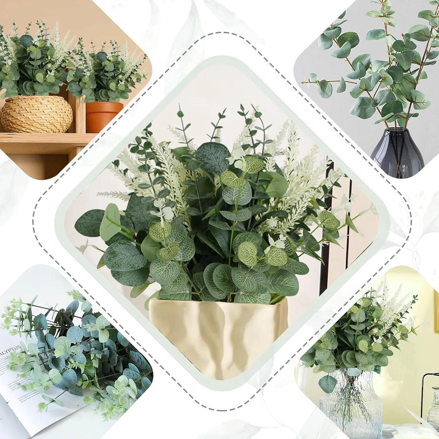 Artificial Eucalyptus Leaves Stems 120 Pcs 4 Kinds Mixed Fake Silver Dollar Eucalyptus Leaves Stem Bulk Faux Leaf for DIY Bouquets Floral Arrangement Wedding Home Decor