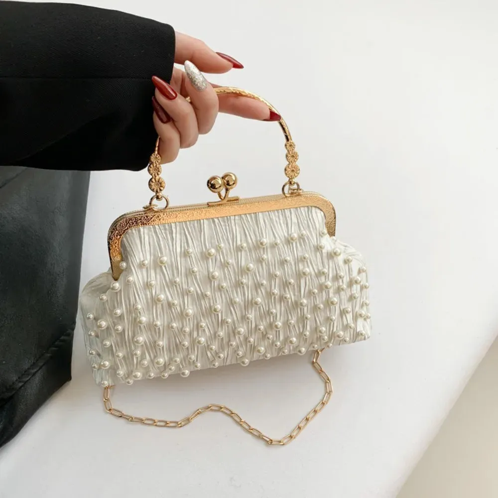 Artificial Pearl Diamond Inlaid Shoulder Bag Metal Chain Messenger Bag Lady Banquet Shell Bag Fashion Evening Handbag