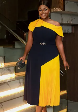 Asymmetrical One-Shoulder Pleated Contrast Midi Dress with Bold Elegance
