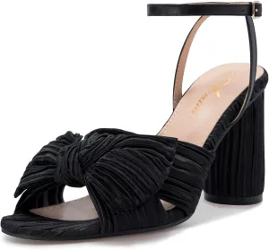 Athlefit Women's Open Toe Chunky Heels Pleated Bow Ankle Strap Heeled Sandals Wedding Bridal Shoes
