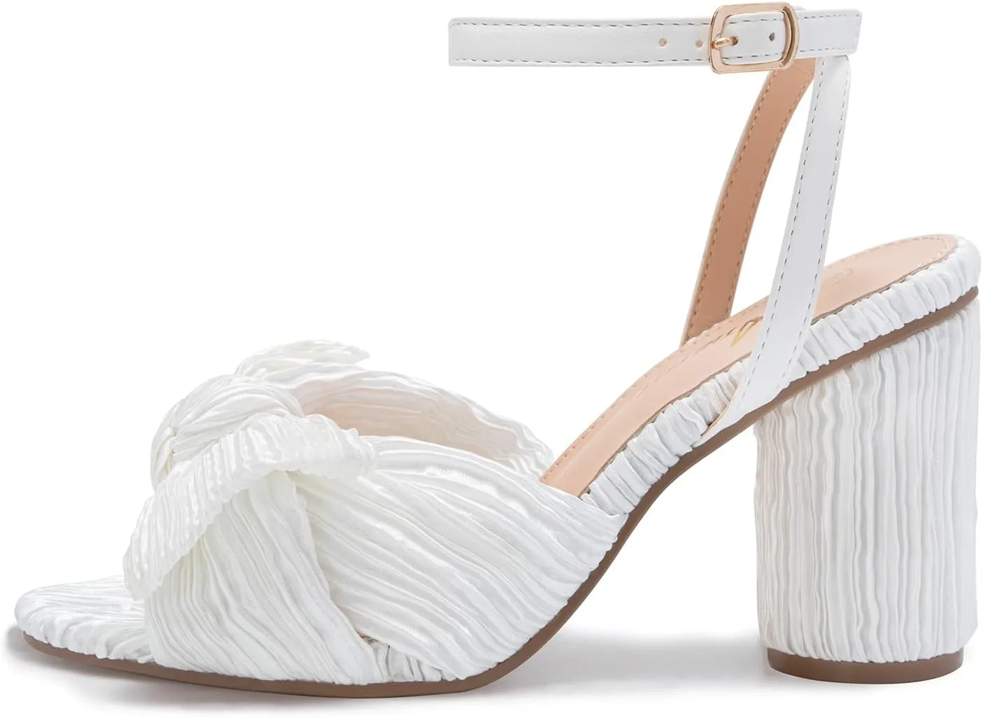 Athlefit Women's Open Toe Chunky Heels Pleated Bow Ankle Strap Heeled Sandals Wedding Bridal Shoes