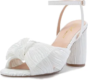 Athlefit Women's Open Toe Chunky Heels Pleated Bow Ankle Strap Heeled Sandals Wedding Bridal Shoes