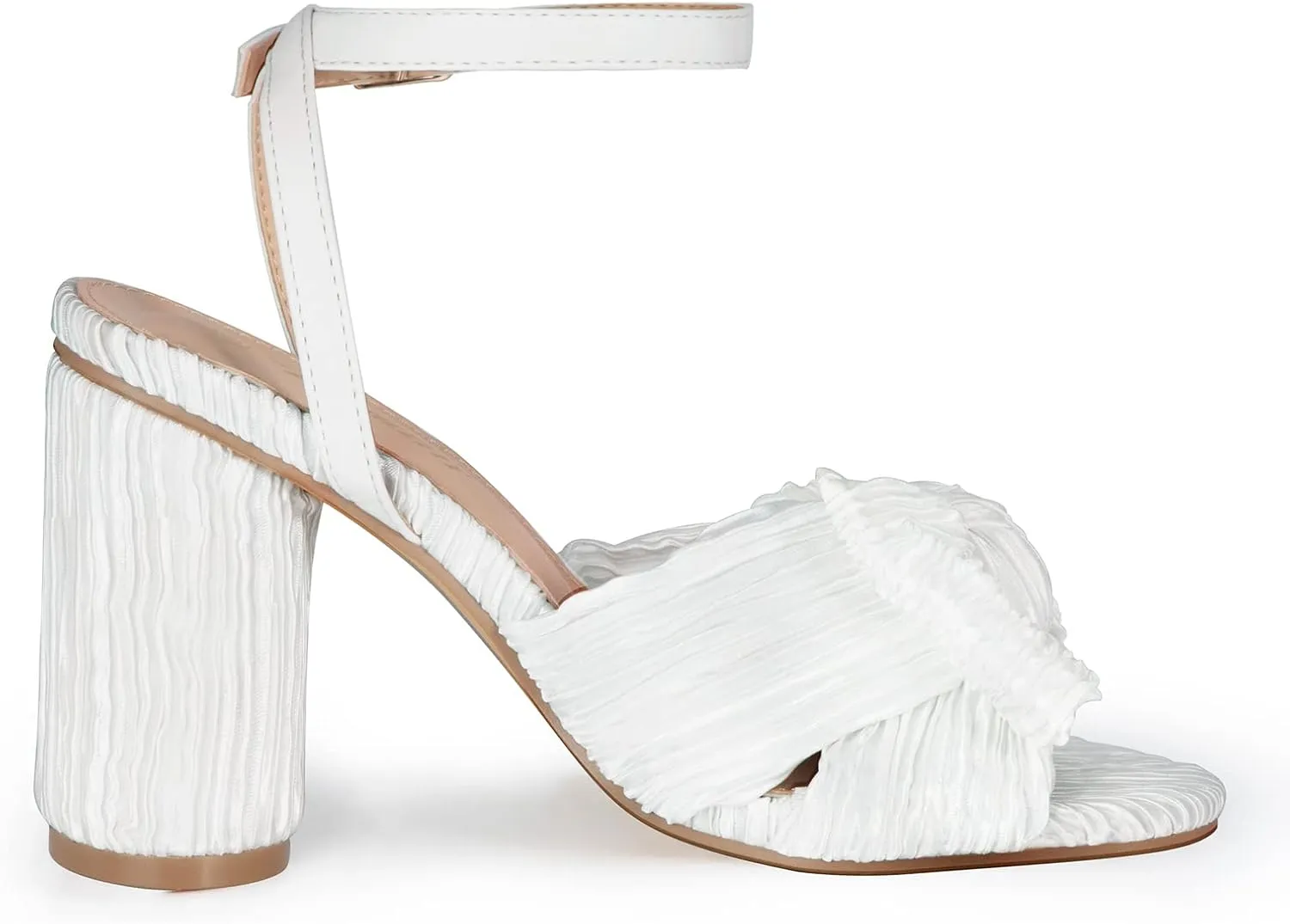 Athlefit Women's Open Toe Chunky Heels Pleated Bow Ankle Strap Heeled Sandals Wedding Bridal Shoes