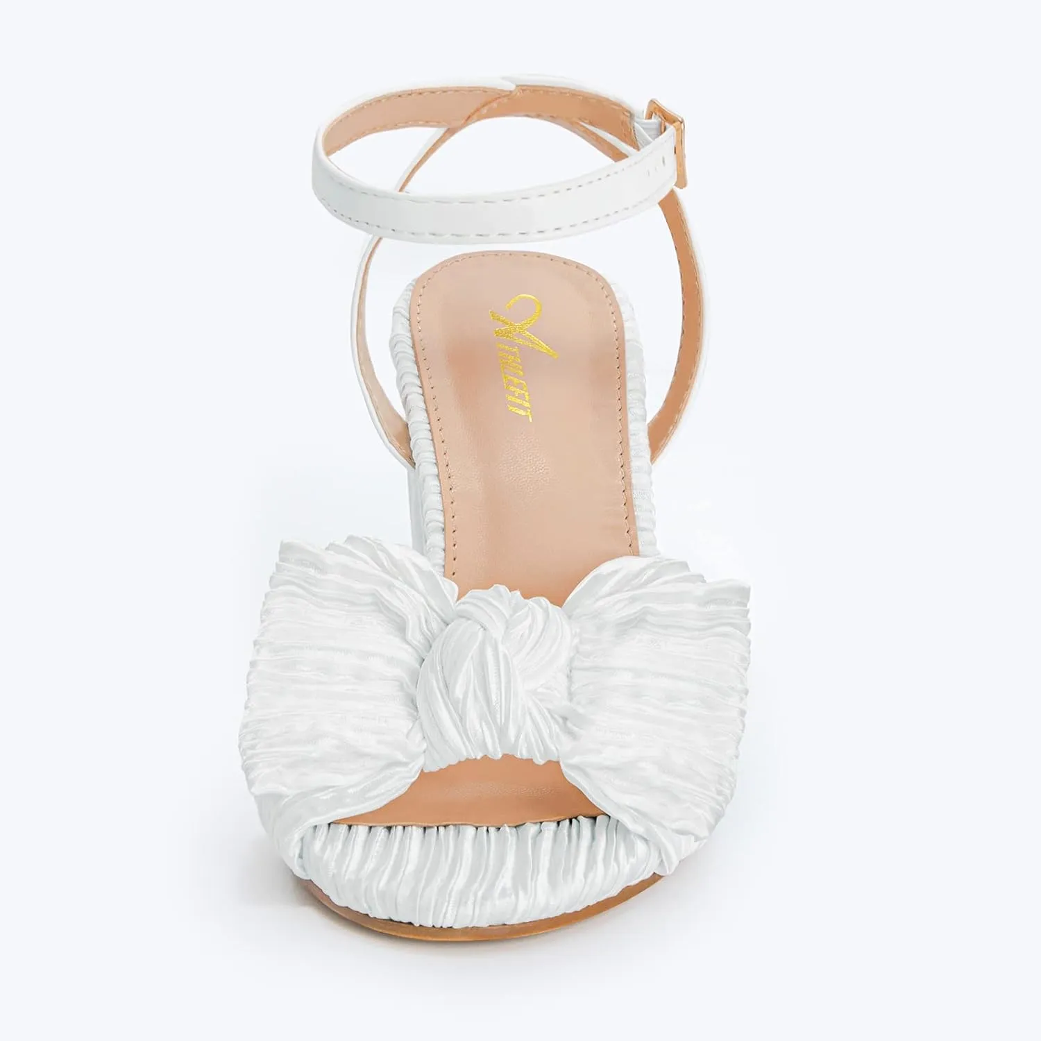 Athlefit Women's Open Toe Chunky Heels Pleated Bow Ankle Strap Heeled Sandals Wedding Bridal Shoes