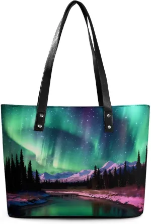 Aurora Scenery Leather Handbags for Women Shoulder Tote Crossbody Travel Purses with Zippered